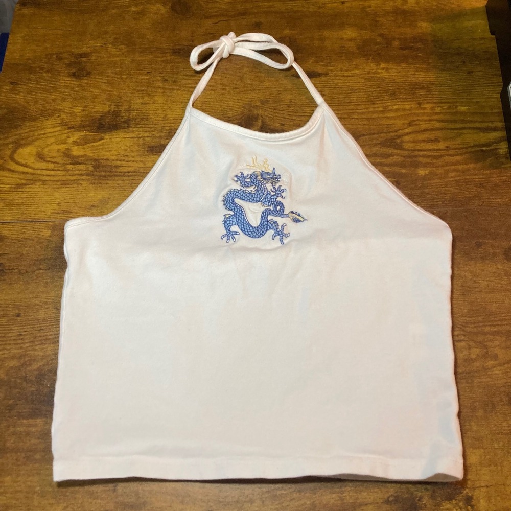 Brandy Melville White Dragon Embroidered Halter Crop Top XS